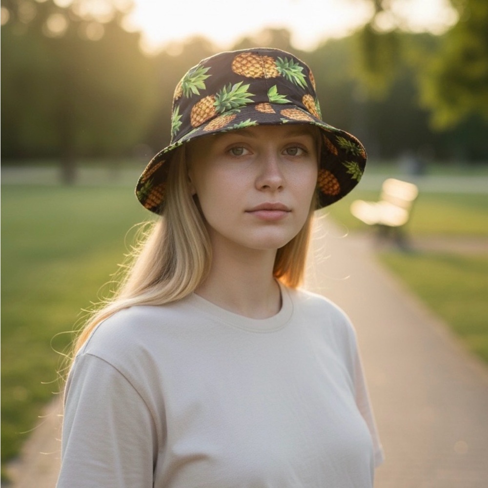 Pineapple Print Bucket Hat - Black with Yellow Pineapples